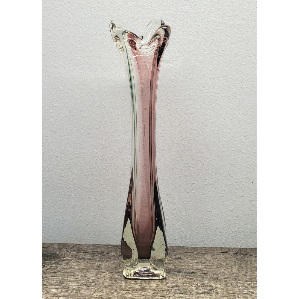 Vintage Murano Style Amethyst & Clear Art Glass Vase MCM 11.5" Tall 4 Finger EUC